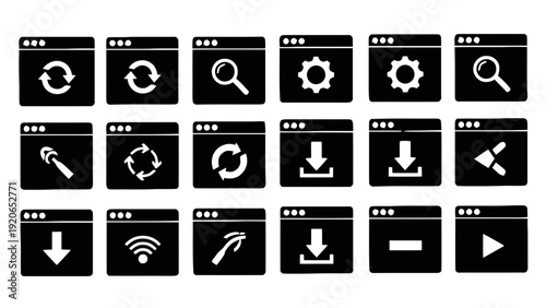 Vector illustration of set of black and white browser window icons for web and application interface design on a transparent background