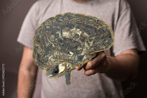 A close-up of a person holding a detailed brain model, representing intelligence and thought. Perfect for science and ps