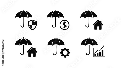 Vector illustration of set of insurance and protection icons with umbrella symbolizing coverage on a transparent background