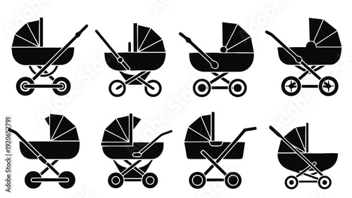Vector illustration of set of eight black baby stroller icons in silhouette style on a transparent background
