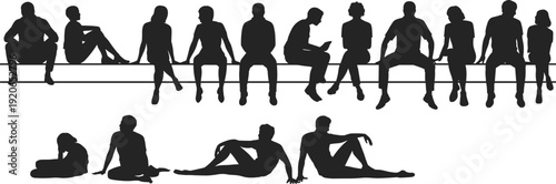 Silhouette people sitting on beam, group posture, relaxed lifestyle, teamwork illustration, human connection, social gathering, reading activity