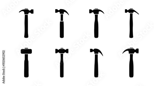 Vector illustration of collection of various black hammer silhouettes on a transparent background