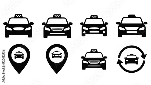 Vector illustration of set of black taxi cab icons and vector graphics for transportation services on a transparent background