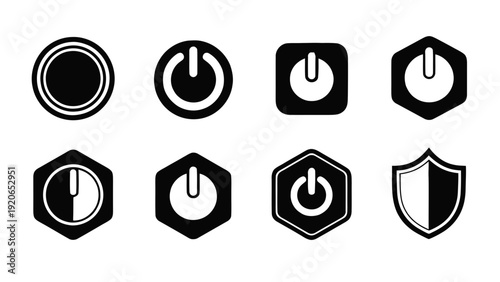 Vector illustration of set of power button icons in various geometric shapes black and white on a transparent background