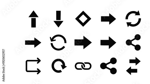 Vector illustration of set of black arrows, refresh, share, and link icons for user interface design on a transparent background