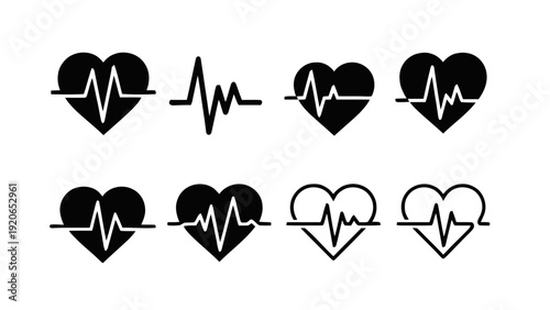 Vector illustration of set of heartbeat line and heart icons with ecg waveform on a transparent background