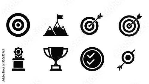 Vector illustration of set of achievement and goal icons target, mountain peak, trophy, checkmark on a transparent background