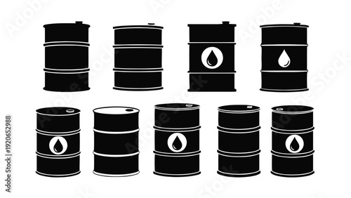 Vector illustration of set of black oil drums icons, petroleum barrels for fuel storage and transport on a transparent background