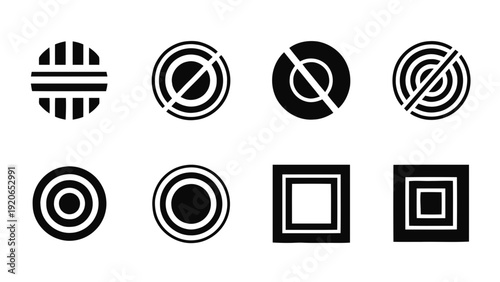 Vector illustration of set of abstract geometric icons circles and squares with internal lines and divisions on a transparent background