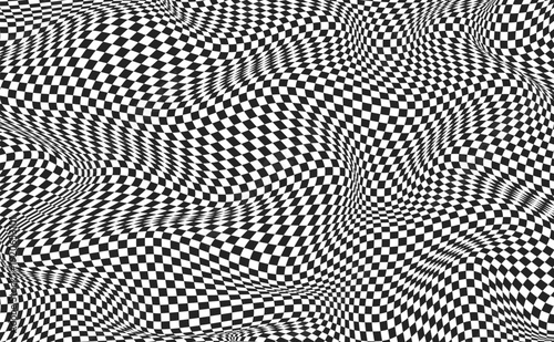 Black and white pattern surface chessboard. Checkered distortion abstract banner. Checkered background with distortion effect. Vector illustration.