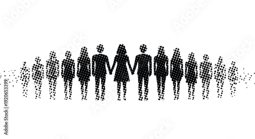 Diverse group of vector people silhouettes illustrating community, connection, and social networks with halftone patterns
