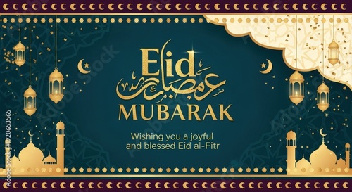 Eid mubarak greeting in arabic calligraphy on festive background with lanterns and mosques wishing joyous blessed eid al fitr celebration
