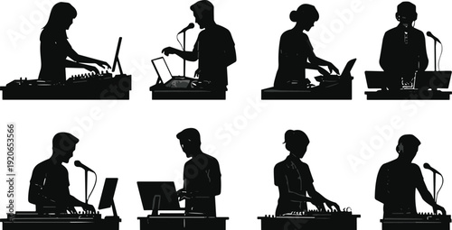 DJ music producers silhouette performing live electronic set, nightclub concert concept, audio mixing, sound technology, creative artists illustration, modern nightlife