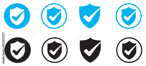 Security shield and check mark icon set, protection verification safety symbols collection, secure system defense illustrations pack