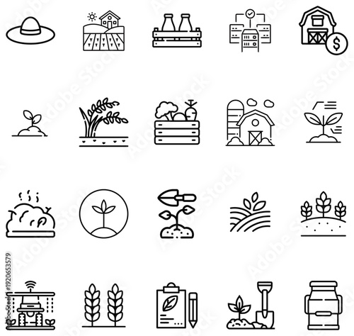 Collection of agricultural depicting farming technology and produce agriculture harvest