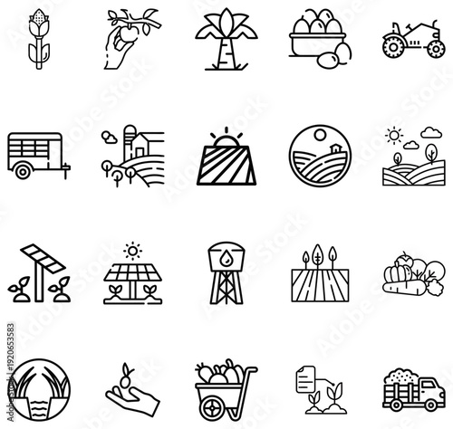 Collection of agricultural representing farming processes and agriculture tractor