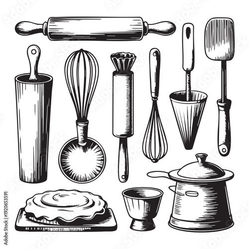 Collection of black and white baking utensils and pastry on white background bakery tools equipment kitchen