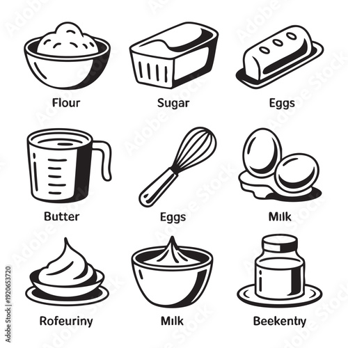 Black and white line of baking ingredients and kitchen tools flour sugar eggs butter milk