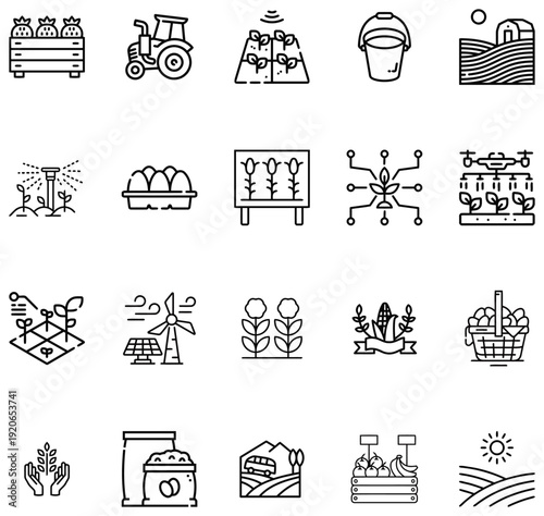 Collection of agricultural representing farming technology and produce agriculture
