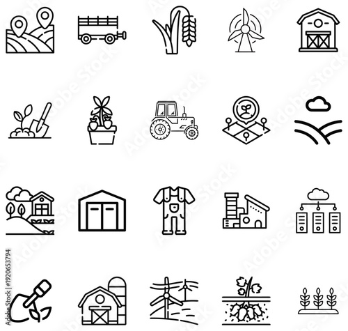 Collection of agricultural representing farming technology and rural life agriculture