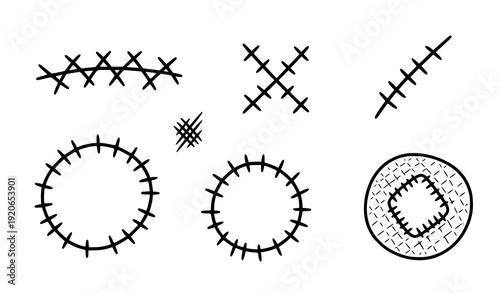 Cartoon scar and stitch marks doodle vector set