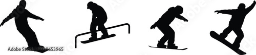 Snowboarder silhouette trick sequence, winter sports action poses, freestyle snowboarding 