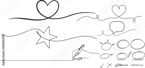 A black and white sketch of intertwined hearts and abstract shapes on a white background with signature