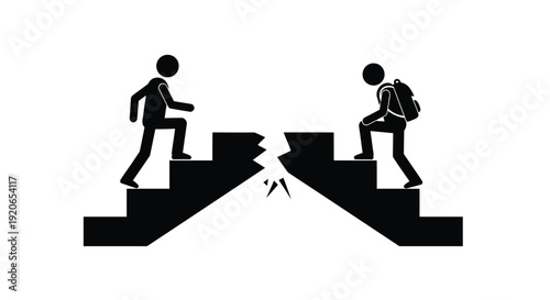 Two stick figures ascending and descending broken stairs, facing a challenging gap in a vector graphic illustration