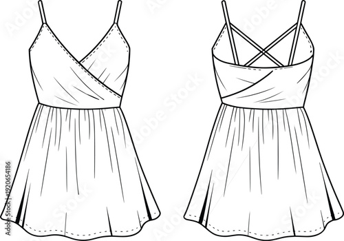Women sleeveless wrap dress front and back view technical fashion drawing, spaghetti strap summer sundress flat sketch isolated on white background