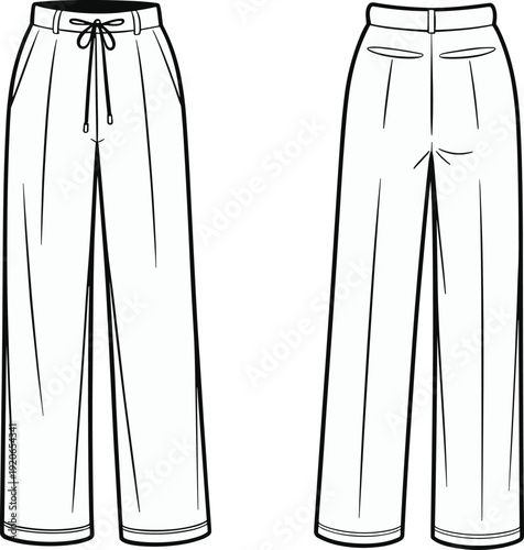 Women wide leg trousers front and back view technical fashion drawing, high waist drawstring pants flat sketch apparel template isolated on white background