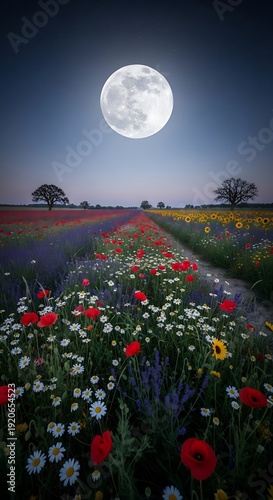 Wallpaper Mural Serene Night Scene with Full Moon and Wildflowers. Torontodigital.ca