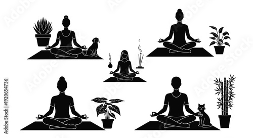 Collection of diverse individuals meditating peacefully with pets and houseplants as vector graphics