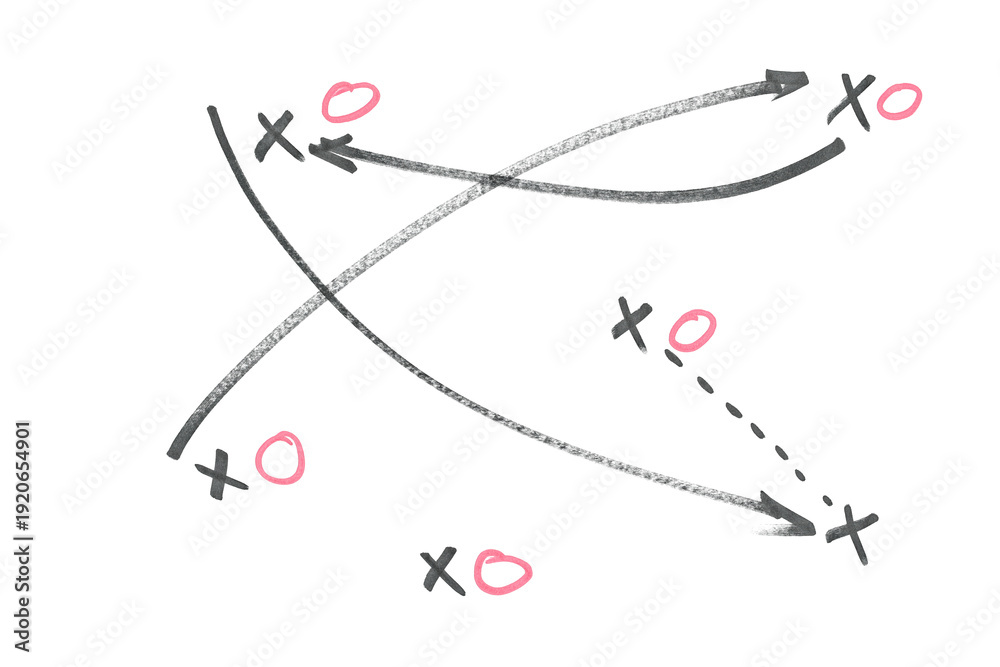 Fototapeta premium Hand draw strategy game plan for football, basketball, handball, sketched black marker, isolated on white, clipping path, design elements
