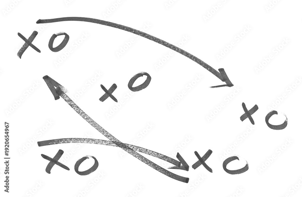 Fototapeta premium Hand draw strategy game plan for football, basketball, handball, sketched black marker, isolated on white, clipping path, design elements