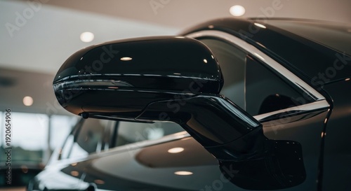 Close-up of a sleek black vehicle's side mirror, reflecting the showroom's lighting