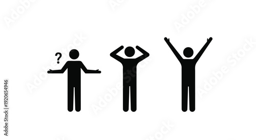 Black pictogram sequence showing confusion stress and ultimate victory achievement progression vector graphic illustration