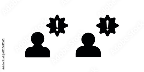 Two person silhouette icons with alert starburst symbols above, representing warning or notification about users, service issues, or security alerts