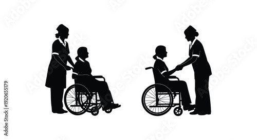 Healthcare workers assisting patients in wheelchairs a striking silhouette