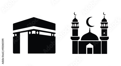 Islamic architecture of the kaaba and mosque in black silhouette