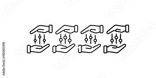 Control mechanism with human hands and adjustable levers, depicting settings adjustment, options manipulation, and process management with precision