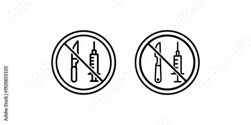 Medical surgery and injection forbidden sign icons set with scalpel and syringe crossed out on white background for non invasive treatment and healthcare