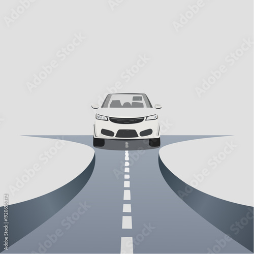 White car driving on a straight road with markings.