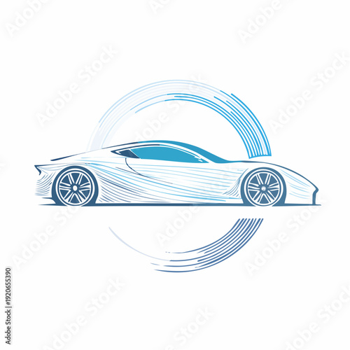 Modern sports car illustration with dynamic blue lines.