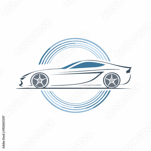 Sleek sports car illustration with blue accents and circular design.