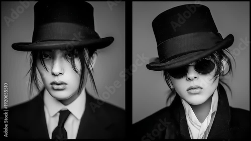 A compelling black-and-white dual portrait highlighting contrasting perspectives and stylish sartorial elegance in monochrome