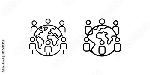 Global community icons showing diverse group of people around earth globe for international teamwork worldwide connection and global communication themes
