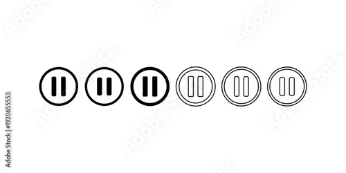 Set of six outline and filled pause icons in circles, stop button, media control symbol, player interface, modern vector illustration isolated on white background