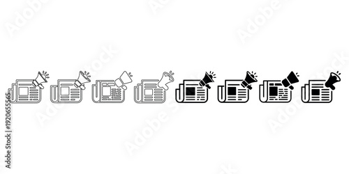 Set of six newspaper icons with megaphone in different styles outline and solid filled showing communication and announcement concepts