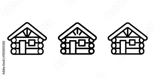Collection of three identical simple outline log cabin icons on white background with simple geometric roof elements