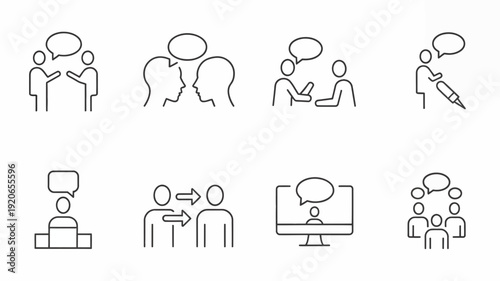 Illustrations of diverse professional and social interaction scenarios in an office setting isolated on white background, Vector, illustration